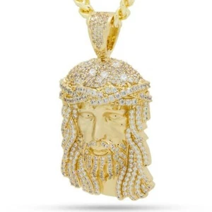 14K Placcato Oro Giallo Argento Rotondo Zircone Cubico Cristo Testa Ciondolo - Foto 1 di 1