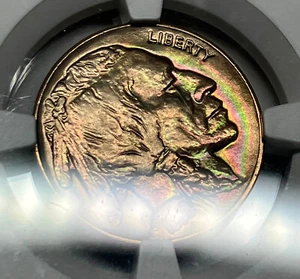 1938-D TONED BU Buffalo Nickel NGC MS64 - Rainbow NEON Toning MS 5C Unc - Picture 1 of 7