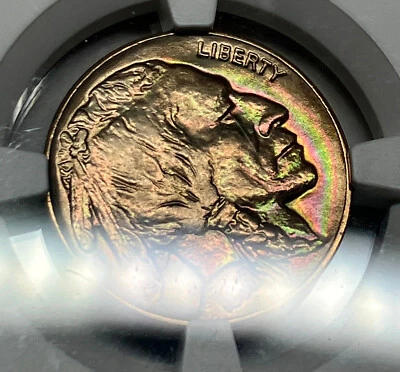 1938-D TONED BU Buffalo Nickel NGC MS64 - Rainbow NEON Toning MS 5C Unc - Image 1 of 4