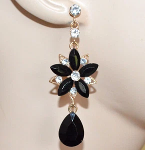 Orecchini Donna oro dorato cristalli neri strass fiori pendenti lunghi UX78 - Foto 1 di 2