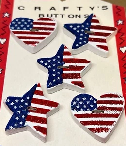 Tarjeta Botón Artesanal con 5 Colores Bandera Madera CORAZONES Y ESTRELLAS PATRIÓTICOS Botones BRILLANTES - Imagen 1 de 8