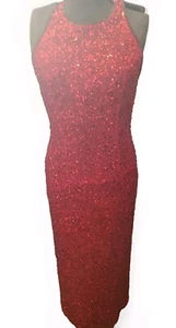 Abito da sera Laurence Kazar donna 100% seta paillettes rosso senza maniche grande - Foto 1 di 24