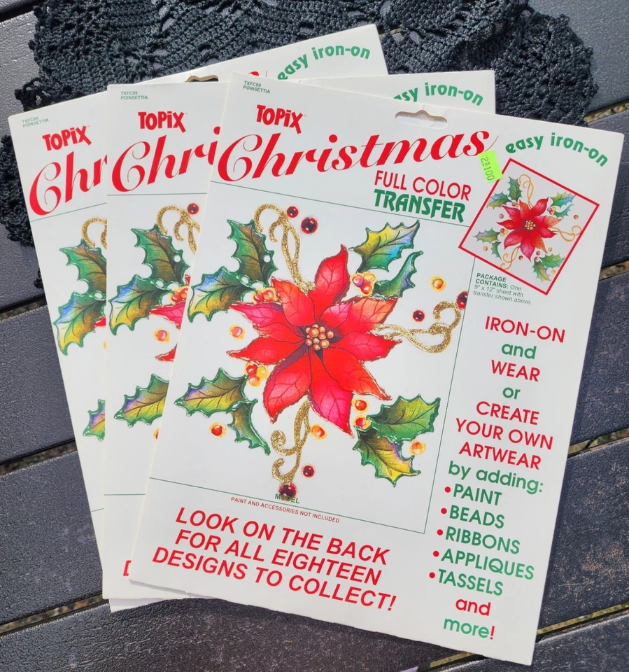 Винтажный лот из 3 рождественских полноцветных переводных пакетов Topix — новые из старых запасов - Изображение 1 из 4