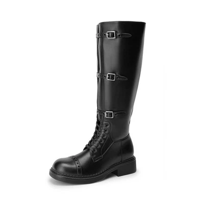 Women Combat Boots Low Chunky Heel Square Toe Knee High Boots - Image 1 of 4