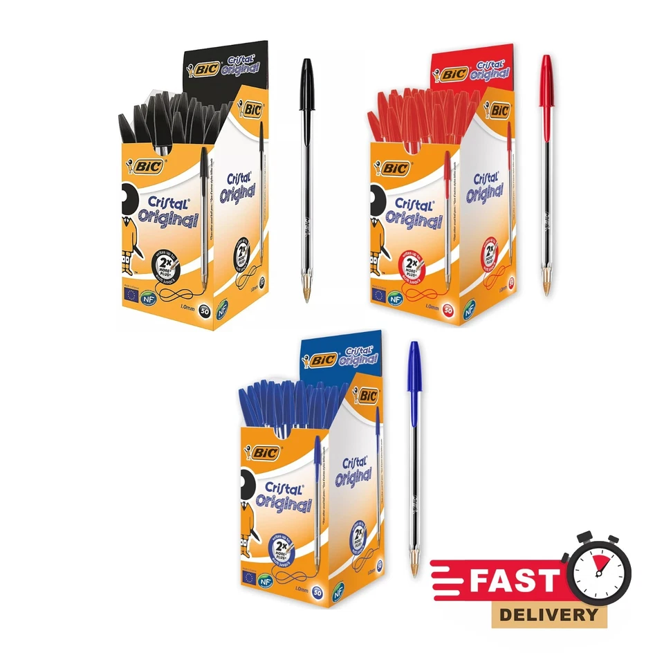 Bic Pens Cristal Biro Medium Ball Point Pen 1.0mm, Black Blue Red, 1 5 10 25 500 - Image 1 of 4