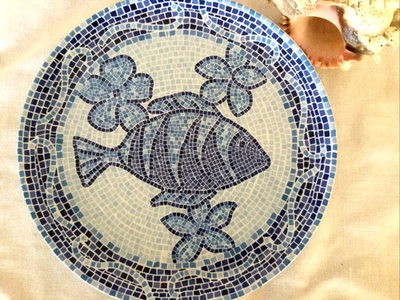 4 Platos de Melanía de Peces Náuticos Azulejos de Mosaico Precio Azul Blanco Floral Hoja Playa Foto 1 de 4