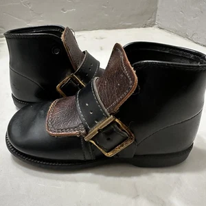 Vintage Black Brown Leather Buckle Walking Shoes Mid Century Baby Shoes USA - Picture 1 of 9