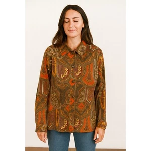 Vintage Tess Button Up Blouse 14 Paisley Long Sleeve Lightweight Disco Groovy - Picture 1 of 7