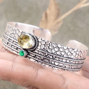 Citrine & Diopside Cut Gemstone 925 Sterling Silver Cuff Bangle For Husband Gift - Picture 1 of 6
