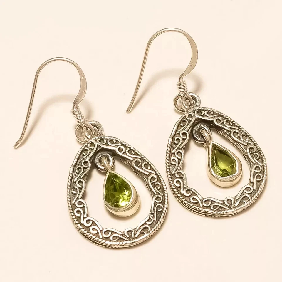 6.40 GM 925 Massives Sterlingsilber Natürlich Peridot Schliff Stein Ohrring 1.5 - Bild 1 von 1