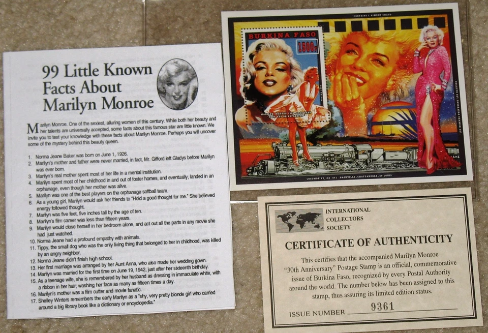 Marilyn Monroe 30th anniversary Stamp mini Sheet Commem. Burkina Faso MNH COA - Image 1 of 3