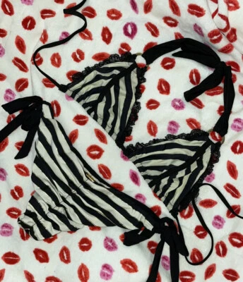 Beach Bunny ONE OF A KIND Small Top And Full Scrunch Bottom Striped Black Gold - Image 1 of 2