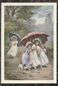Vintage Trade Card Van Houten Cocoa Four Girls & Dog in Rain 6,5x4,5 French - Bild 1 von 2