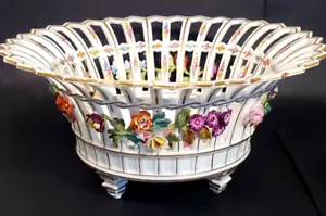 Carl Thieme Dresden Porcelain Footed Bowl Reticulated Applied Florals in Relief - Picture 1 of 18