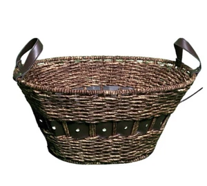 Rush Wooden Woven Dark Oval Basket w/ Handle (Measurements H 10" X L19" X W 14") - Picture 1 of 6