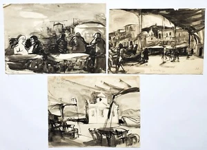Gemälde 3 Tuschezeichnungen Rudolf Rothe Griechenland Cafe Landschaft Hafen - Bild 1 von 20
