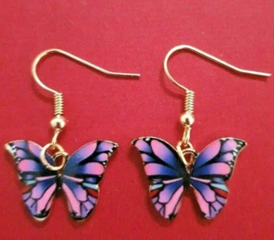 Butterfly Earrings drop dangle Purple Pink insect jewellery gift Tropical life - Picture 1 of 5