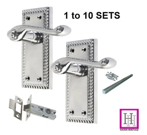 GEORGIAN DOOR HANDLES PACK POLISHED CHROME with ROPED EDGE with LATCH 1-10 sets - Picture 1 of 33