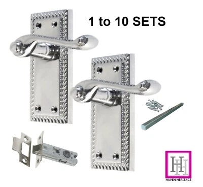 GEORGIAN DOOR HANDLES PACK POLISHED CHROME with ROPED EDGE with LATCH 1-10 sets - Image 1 of 4