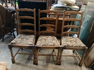 Vintage Brown Wooden High Ladder Back Kitchen Dining Chairs x 3 Tapestry Seats - Picture 1 of 5