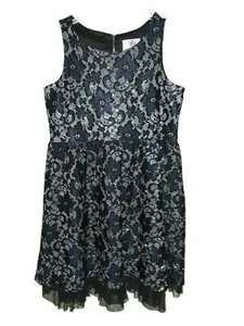 Girls JUSTICE Size 14 Dress Black Blue Silver Floral Lace Shimmery Sleeveless - Picture 1 of 6