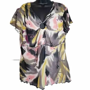 CATO's Women's Pull Over Blouse Sz 18/20 Gray Coral Yellow Flutter Sleeves VNeck - Picture 1 of 12