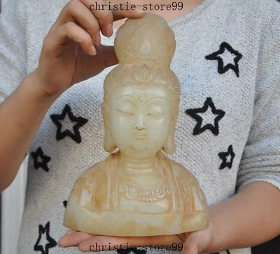 9" Budismo Chino Antiguo Jade Tallado Kwan-Yin GuanYin Diosa Busto Estatua de Buda Foto 1 de 4