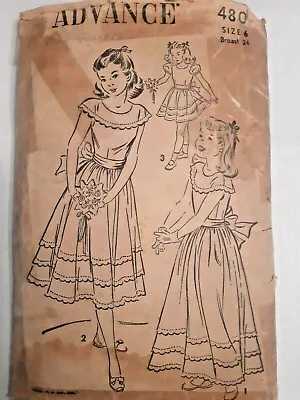 Dress Cape Sash Advance Sewing Pattern 480 Girls Size 6 Cut VTG 30s Easter Event - Image 1 of 4