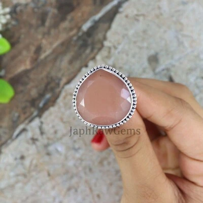 Joia anel de pedra feita à mão declaração prata esterlina pedra da lua pêssego natural - Imagem 1 de 4