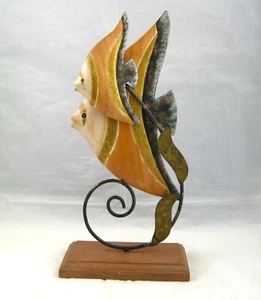 Large Wooden & Metal Double Angel Fish Sculpture Figurine Tropical Ocean Marine - Picture 1 of 21