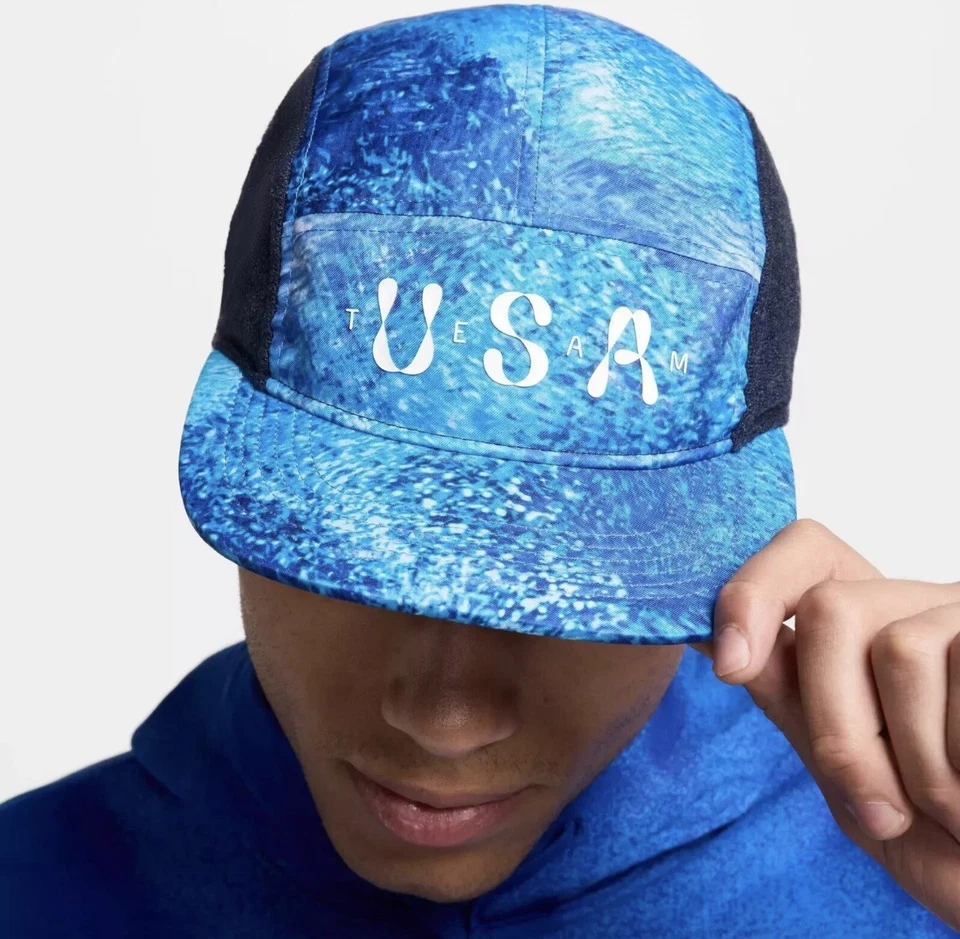 Nike Fly 5 Panel Hat USA Olympic Team Patches Size M/L Dri Fit Blue Running
