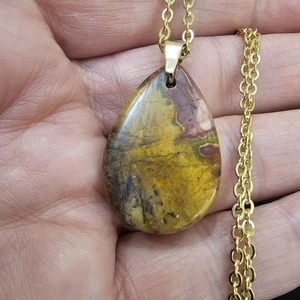 Beautiful Jasper Pendant 18k Gold Plated Stainless Steel Chain Necklace - Picture 1 of 2