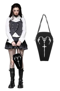 Dark In Love Women Black Gothic Horn Embroidery Coffin Bag Halloween Handbag - Picture 1 of 12