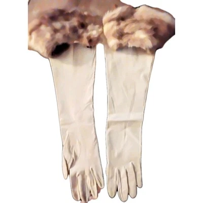 16" Long White Kid Leather Sz 7.5 Gloves 3"Blonde Mink Cuff Custom Wedding Mint - Image 1 of 4