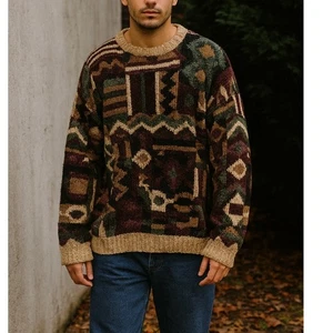 Vintage 80s geometric patchwork crew neck sweater XL - Picture 1 of 7