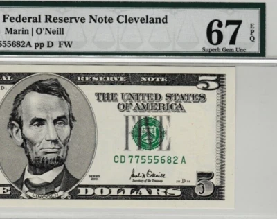 2001  $5  Federal Reserve Note  Serial Number CD 77555682 A Cleveland PMG 67 - Image 1 of 3