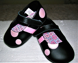 NEW❤ BABY DEER❤ SIZE 2 CRAWLING STAGE ❤ LEATHER DRESS SHOES ❤BLACK W/ PINK DOTS❤