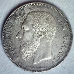 1867 Dot After F Belgium Silver 5 Francs Coin Circulated You Grade Leopold II - Picture 1 of 2