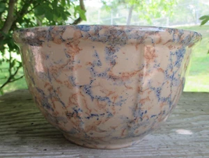 Paneled Red Wing Spongeware Panel Bowl Blue and Rust Brown #8, 8.25” Wide - Picture 1 of 21