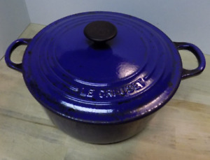 Vintage Le Creuset Dutch Oven #22 Enamel Cast Iron Blue Stock Pot w/Lid 1970's