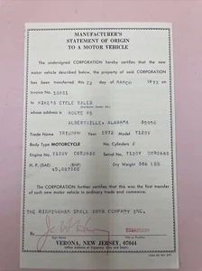 1972 TRIUMPH T120V MANUFACTURER'S STATEMENT OF ORIGIN MSO DOCUMENT 650 T120 - Picture 1 of 1