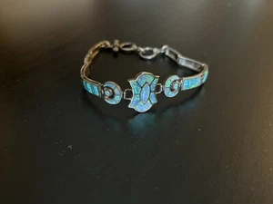 Sterling Silver 925 Lab Created Blue Opal Swivel Link Bracelet - Picture 1 of 3