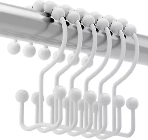 Metal Hooks Double Roller Glide Curtain Hooks Rings Rust Proof, White-Set of 12 - Picture 1 of 8