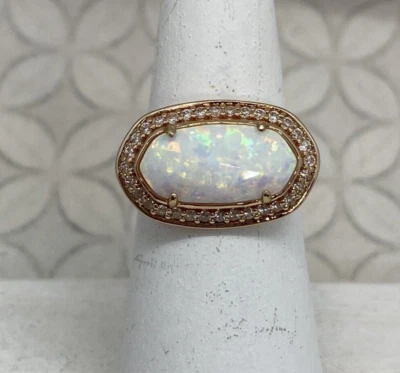 Kendra Scott Emmaline Ring White Kyocera Opal Rose gold Tone Crystal Halo 5 - Image 1 of 4
