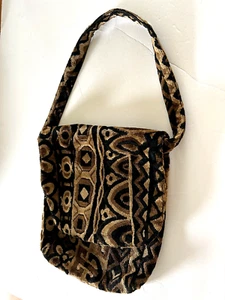 Vintage 1960s Purse/Pocketbook/Handbag Chenille Mod Black/Brown Print - Picture 1 of 6