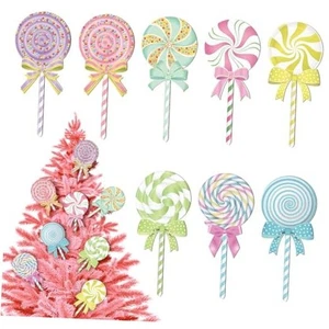 8 Pcs Large Pastel Christmas Candy Tree Ornaments Wooden Lollipop Candyland - Picture 1 of 7