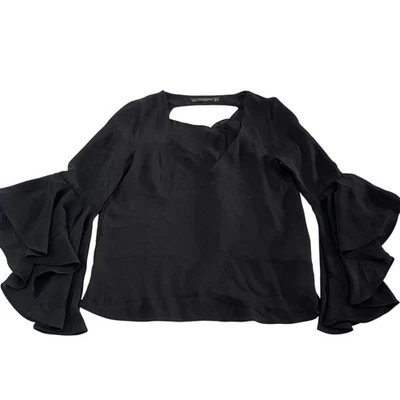 Blusa Zara Para Mujer XS Negra Manga Volantes Gasa Top Drapeada Espalda Caprichosa Foto 1 de 4