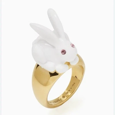 Anillo Kate Spade Forest Party Conejito Blanco Conejo Oro Amarillo Cristales Rosa Talla 5 Foto 1 de 4