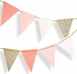 10Ft Vintage Rose Gold Pennant Banner Boho Paper Bunting for Wedding Baby Shower - Picture 1 of 9