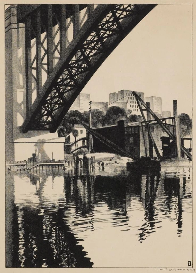 High Bridge Art Print Louis Lozowick 1928 NYC Industrial Scene Reflected - Image 1 of 2